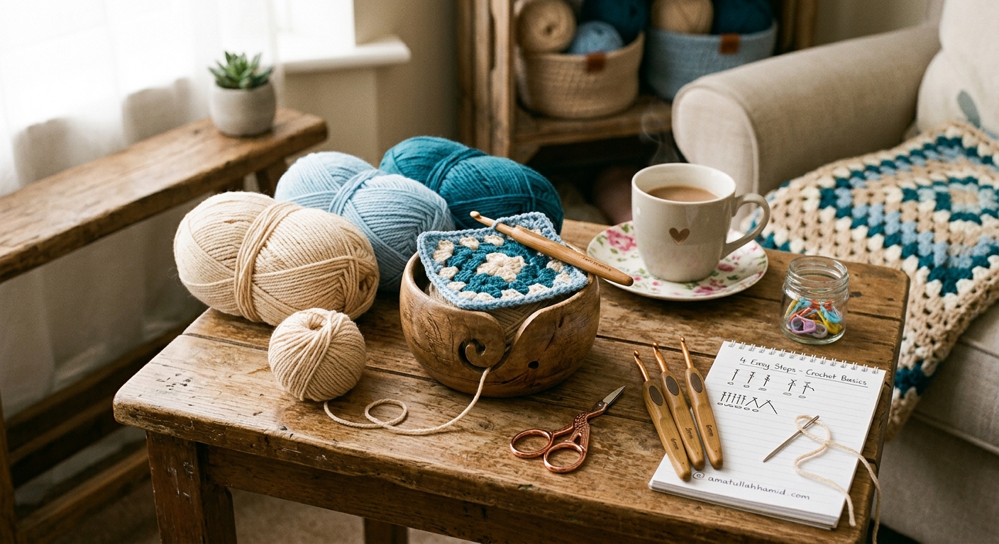 A cozy beginner's crochet station with light blue and cream yarn, bamboo hooks, scissors, stitch markers, and a granny square.